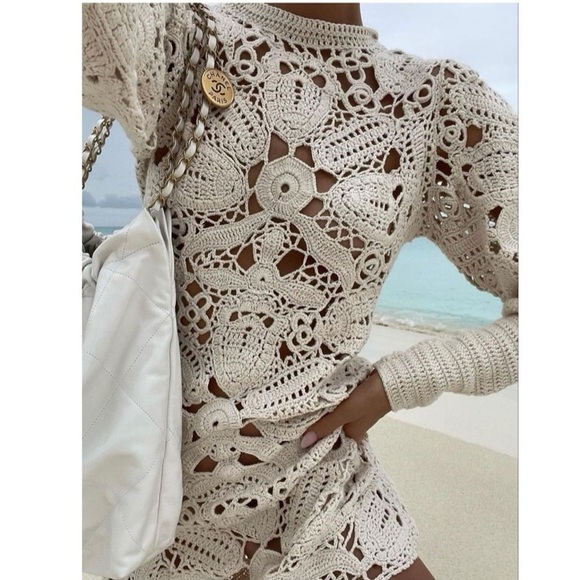 Ulla Johnson Aamina Hand Crocheted Semi Sheer Cotton Mini Dress Neutral - Picture 2 of 12